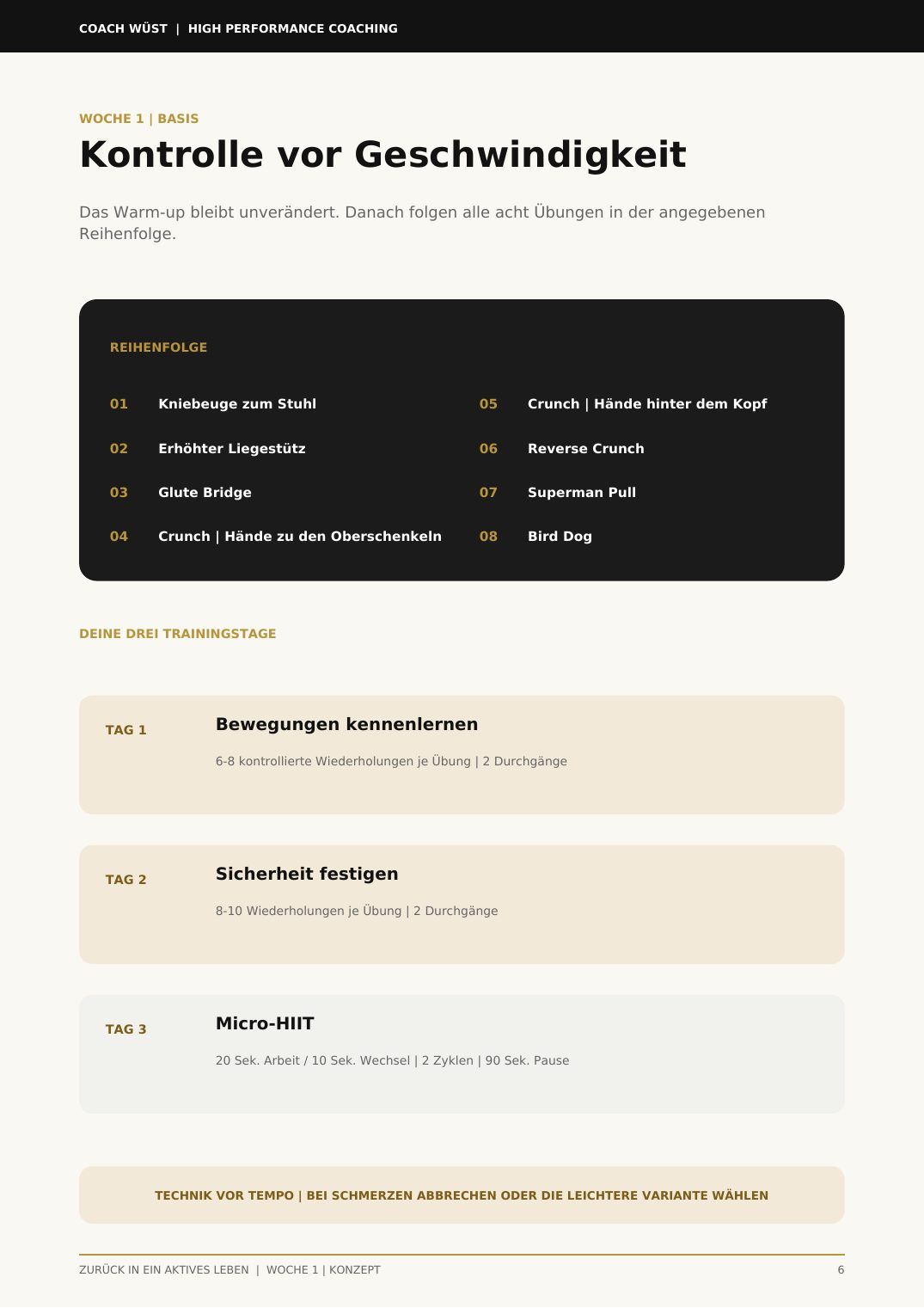 Beispielseite: drei klar geplante Trainingstage pro Woche