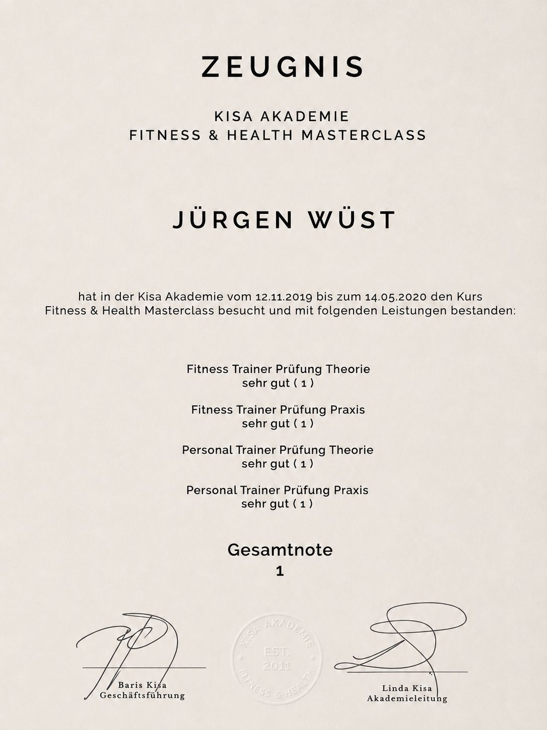 Zeugnis der Fitness & Health Masterclass mit Gesamtnote 1